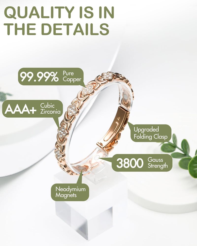 Feraco Pure Copper Bracelets for Women, Ultra Strength Magnetic Therapy Bracelet for Pain Relief with Neodymium Magnets & Sparkling Cubic Zirconia, Adjustable, Infinite Clover Jewelry - Image 3